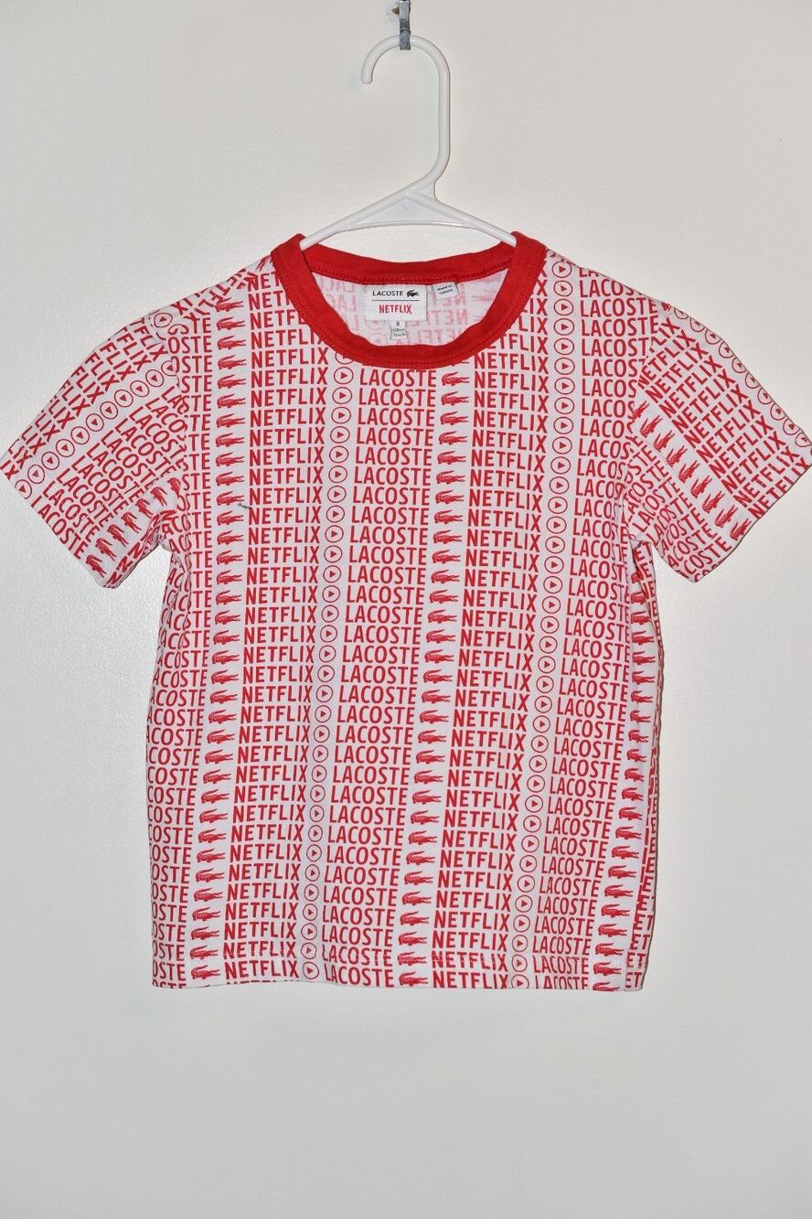 Lacoste Netflix 8 Child Tee Shirt Rate Red White Logo
